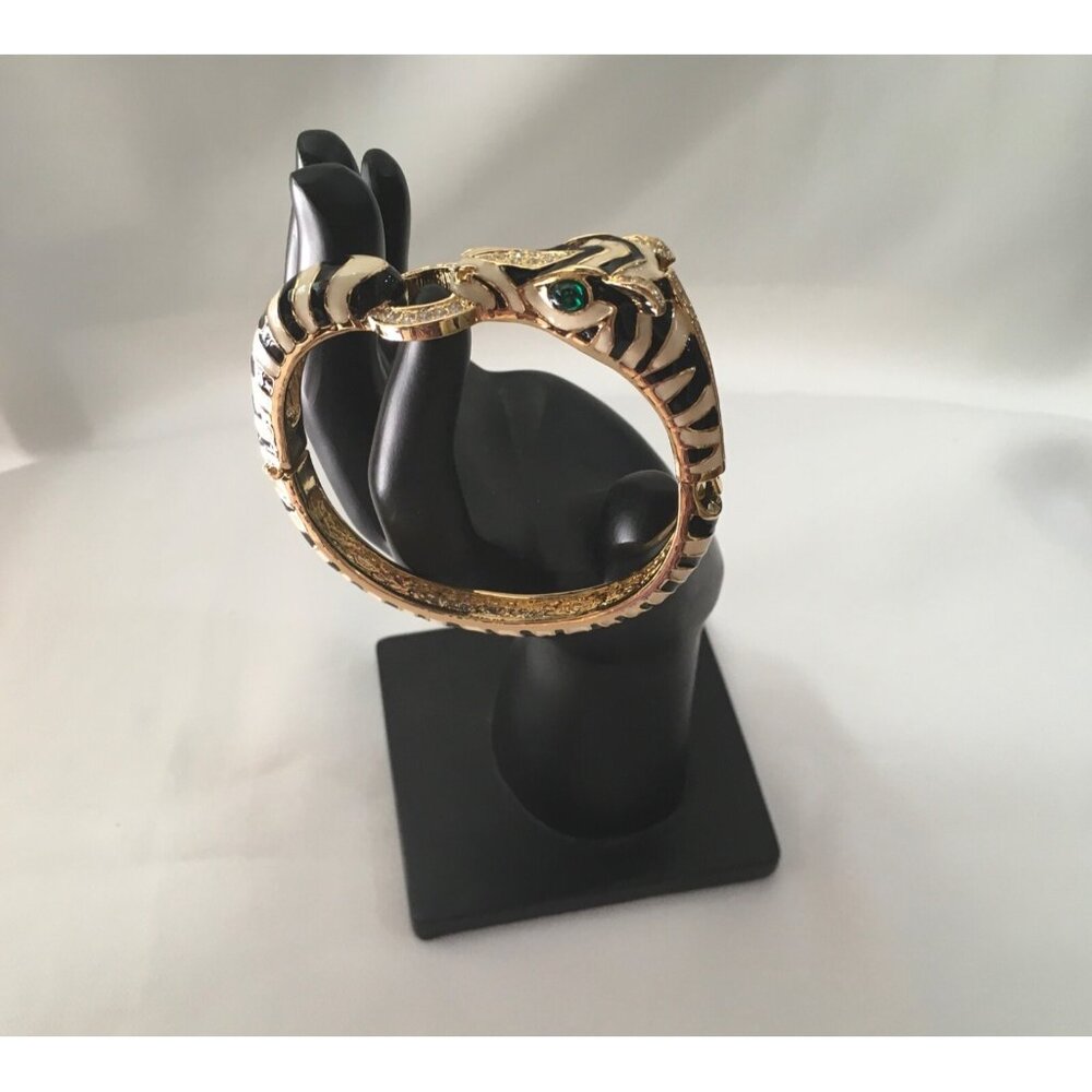 Unsigned Ciner Zebra Bracelet Hinged Clamp Clear Rhinestones Green Eyes
